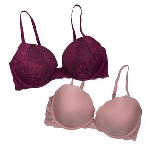 Victoria's Secret Dream Angels Push‎ Up Bra Lace Burgundy Pink 36D Padded Lot 2